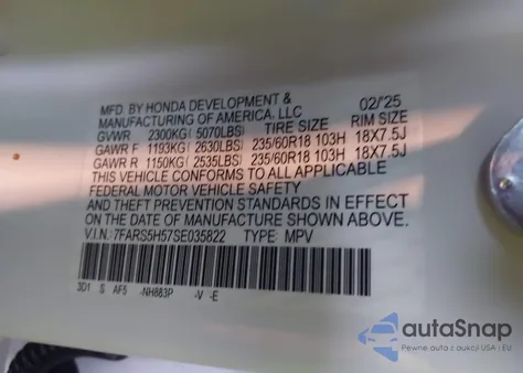 2025 Honda Cr-V Hybrid Sport из США, поврежденный, VIN 7FARS5H57SE035822